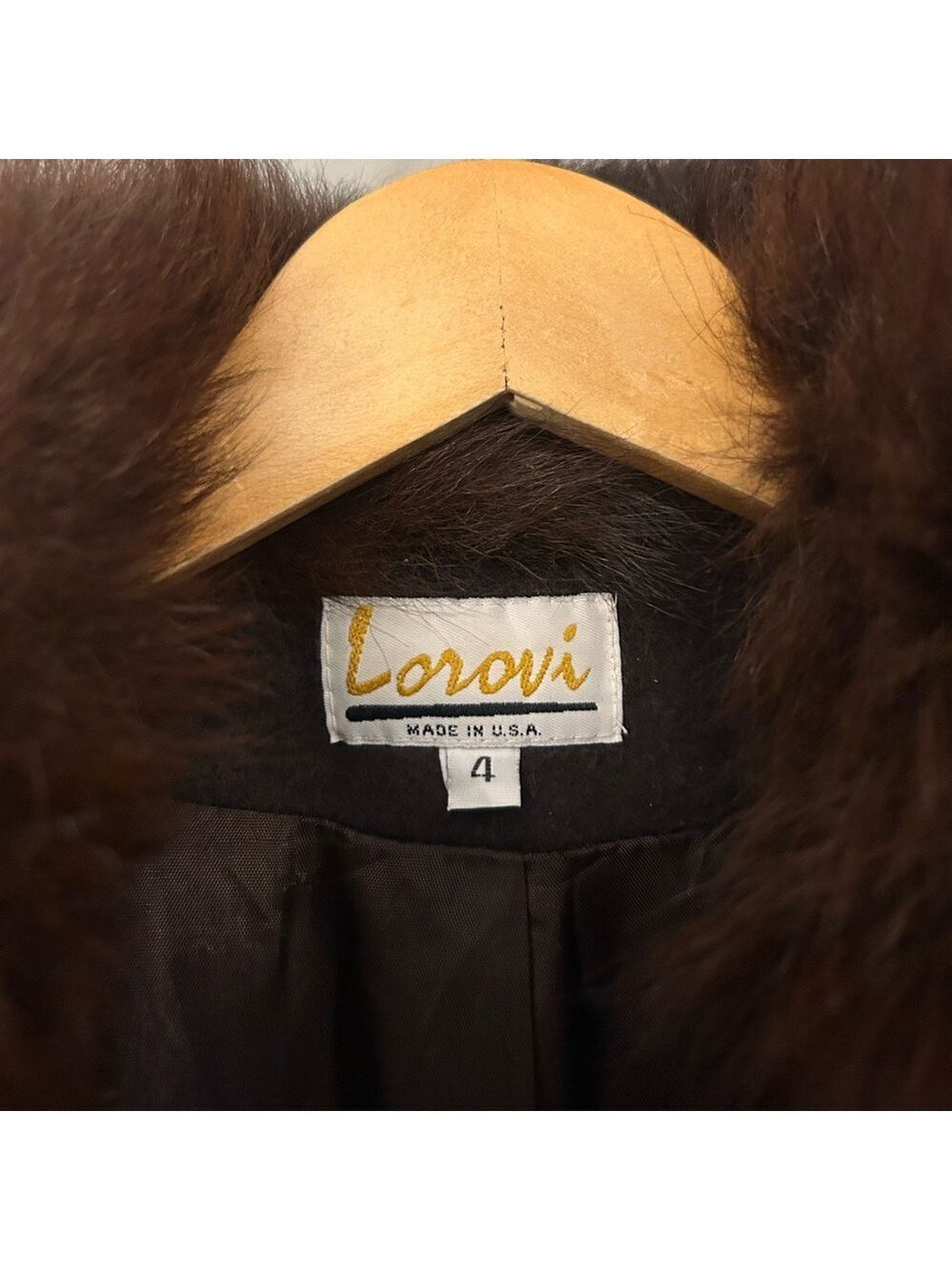 Lorovi Vintage Dark Brown Wool Trench Coat with Blue Fox Fur Collar Size 4 - Picture 6 of 11